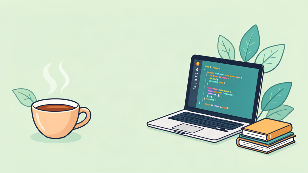 A laptop with code and a steaming cup of tea